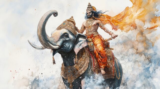 Indra Riding Airavata, the Divine Elephant - Watercolor Illustration
