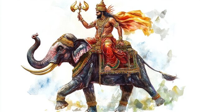 Indra Riding Airavata: Watercolor Illustration on White Background