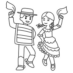 Chilean children dancing Cueca cartoon drawing