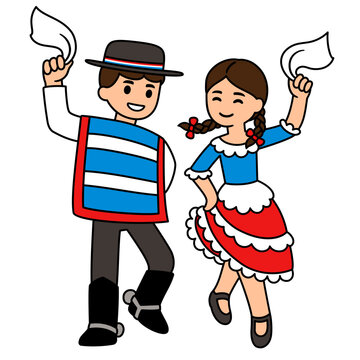 Chilean children dancing Cueca cartoon drawing