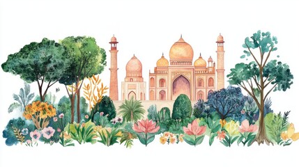 Mughal Garden Watercolor Painting -  Elegant Floral Design on White Background