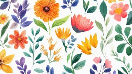 Mughal Garden Watercolor Illustration:  Floral Elegance on White