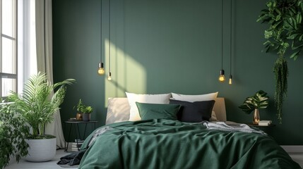 A modern bedroom with a green accent wall, green bedding, and minimalistic decor, creating a calming atmosphere.
