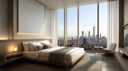 A modern bedroom with a king-sized bed, minimalist decor, and large windows offering a view of the city skyline.