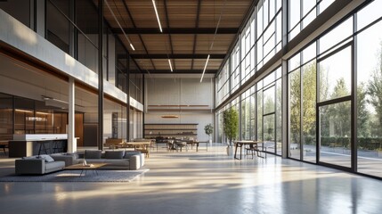 Obraz premium A modern industrial building with exposed steel beams, large glass windows, and an open-concept interior.