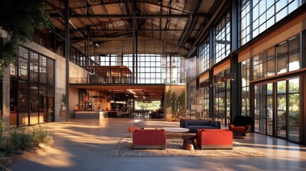 A modern industrial building with exposed steel beams, large glass windows, and an open-concept interior.
