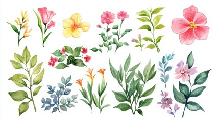 Mughal Garden Watercolor Collection: Delicate Floral Elements on White