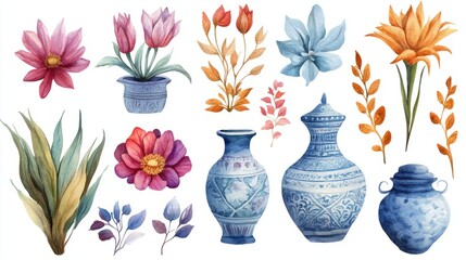 Mughal Garden Watercolor Illustration: Botanical Elegance on White Background