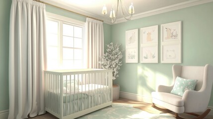 A nursery with a crib, a rocking chair, and soft pastel decor, creating a peaceful environment for a newborn.