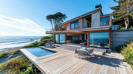 A picturesque coastal house with a modern design, expansive deck, and ocean views.