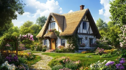 A picturesque country cottage with a thatched roof, blooming garden, and rustic charm, nestled in a green landscape.