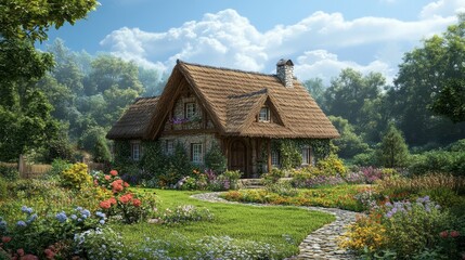 A picturesque country cottage with a thatched roof, blooming garden, and rustic charm, nestled in a green landscape.