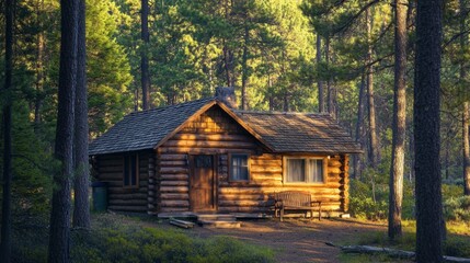 Fototapeta premium A quaint cabin in the woods with a log exterior, surrounded by tall trees and a serene natural setting.
