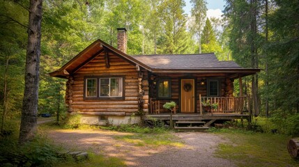 A quaint cabin in the woods with a log exterior, surrounded by tall trees and a serene natural setting.