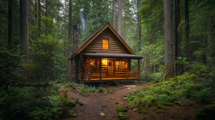 A quaint cabin in the woods with a log exterior, surrounded by tall trees and a serene natural setting.