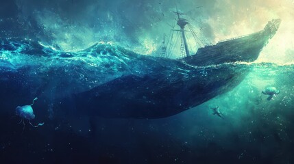 Fototapeta premium Sunken Ship in the Deep Sea with Jellyfish and Sea Turtles