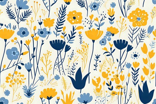 A seamless pattern of stylized yellow and blue flowers and plants on a light background. Ideal for nature-inspired designs, fabric, wallpaper, or eco-friendly packaging. Tiled for continuous use.