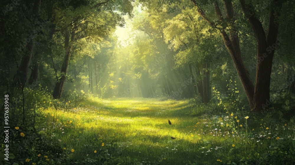 Poster a tranquil view of a sunlit clearing in a dense forest, with soft grass underfoot, birds chirping in