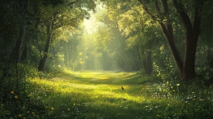 Fototapeta premium A tranquil view of a sunlit clearing in a dense forest, with soft grass underfoot, birds chirping in the trees, and the distant sound of a babbling brook.
