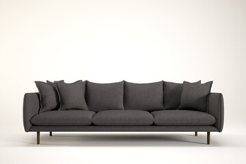 Gray sofa with wooden legs with several pillows on it.