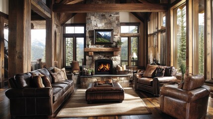 Fototapeta premium A rustic living room with exposed wooden beams, a stone fireplace, and leather furniture, creating a warm, cabin-like feel.