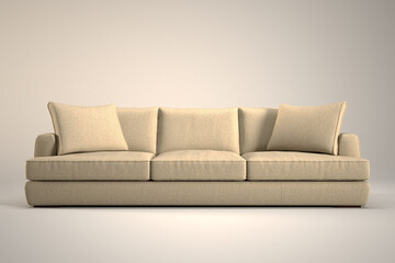 White sofa with several pillows on it on a gray background.