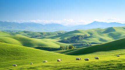 Obraz premium A scenic view of rolling green hills, dotted with grazing sheep and framed by a clear blue sky.