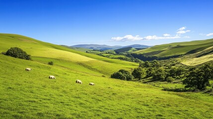 Fototapeta premium A scenic view of rolling green hills, dotted with grazing sheep and framed by a clear blue sky.