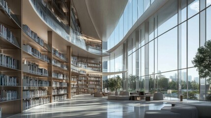 Obraz premium A sleek city library with a contemporary design, large glass walls, and a bright, open interior.