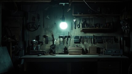 Naklejka premium A single light bulb illuminating a dark workshop, casting intricate shadows across tools and workbenches.