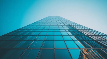 Fototapeta premium A sleek modern skyscraper with glass windows reflecting the city skyline, standing tall against a clear blue sky.