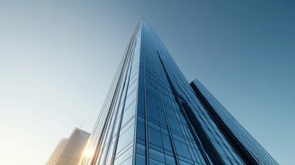 A sleek modern skyscraper with glass windows reflecting the city skyline, standing tall against a clear blue sky.