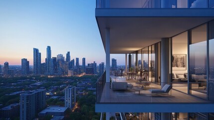 Fototapeta premium A sleek urban condo with a glass facade, modern balconies, and a vibrant cityscape view.
