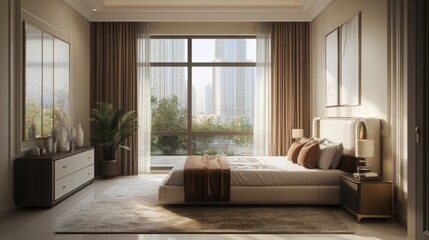Obraz premium A spacious master bedroom with a king-sized bed, a large window with curtains, and a plush rug.