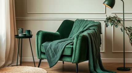 A stylish green armchair with a cozy green throw blanket, placed in a corner with a small side table and lamp.