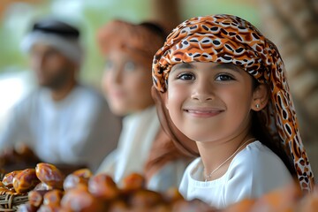Naklejka premium Young Middle Eastern girl wearing traditional headscarf smiling at farmers market or cultural event, fresh produce and community gathering atmosphere perfect for lifestyle and cultural content.