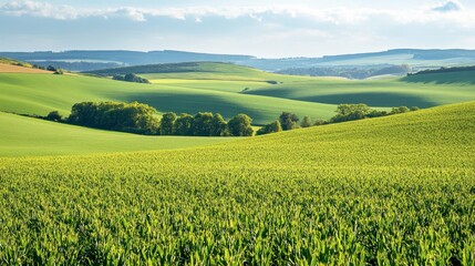Naklejka premium A vibrant green field of crops ready for harvest, with a clear sky and distant rolling hills in the background.