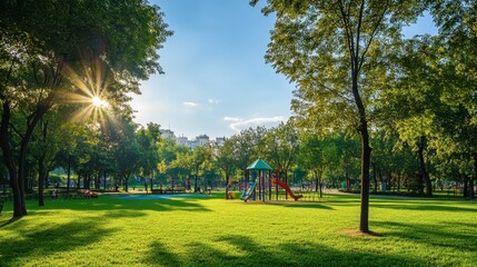 Obraz premium A vibrant green park with a well-manicured lawn, tall trees, and a playground area for children.