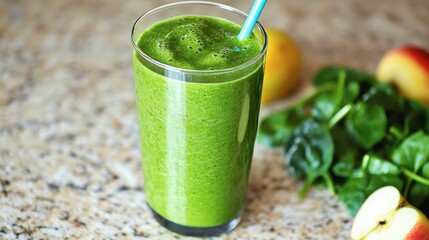 Fototapeta premium A vibrant green smoothie with spinach, banana, and apple, served in a glass with a straw, placed on a marble countertop.