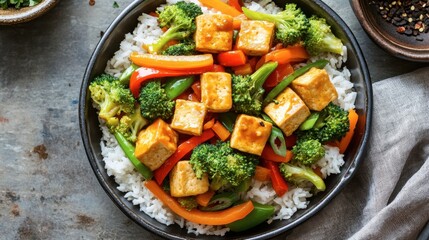 A vibrant vegetable stir-fry with bell peppers, broccoli, carrots, and tofu, served over a bed of steamed rice.