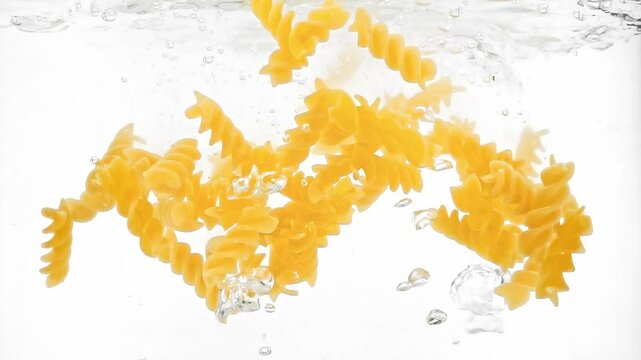 Fusilli pasta is falling into transparent water and floating there filmed in macro slow motion. Closeup of traditional Italian product thrown in aqua to cook and prepare delicious meal. Food theme