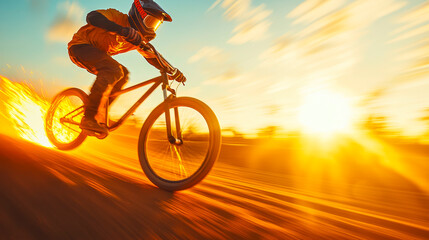 Golden Hour Grind: A mountain biker carves through a sun-drenched trail, their silhouette a testament to the thrill of extreme sports at sunset. 