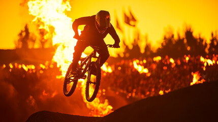 Defying Gravity, Embracing Fire: A silhouette of a BMX rider soars through a blazing inferno, capturing the heart-stopping thrill and audacity of extreme sports. 