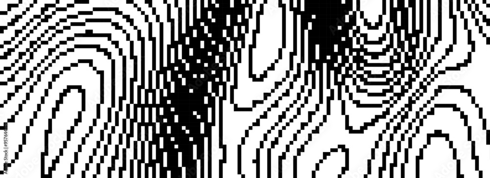 Poster dithered wavy curve line texture. black pixelated glitch background. digitalized distorted backdrop 