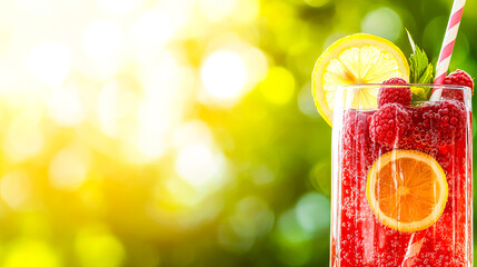Fototapeta premium Raspberry Lemonade Summer Bliss: A refreshing glass of raspberry lemonade, adorned with fresh raspberries, lemon slices, and a striped straw, glistens in the warm summer sun. 
