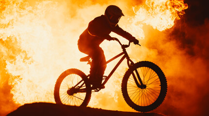 Obraz premium Riding Through Fire: Silhouette of a mountain biker against a backdrop of blazing inferno, capturing the essence of extreme sports and fearlessness. 