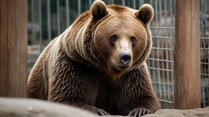 Obraz premium a brown bear in a zoo, feeling sad for being locked in a cage