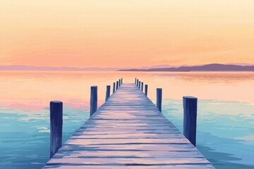 Obraz premium A serene wooden pier stretching into calm waters at sunset, surrounded by pastel skies and distant mountains.
