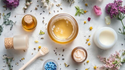 Natural ingredients and herbal products arranged artistically on a surface for creating homemade beauty remedies