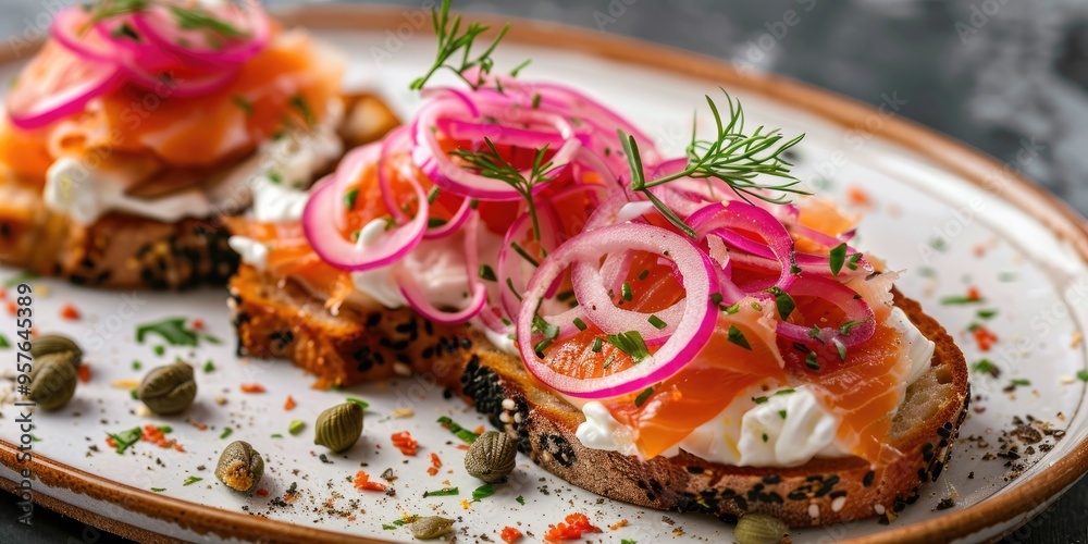 Poster Smoked salmon open sandwich with pickled onions sour cream and capers